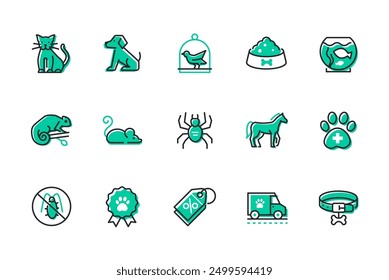 Pet shop - set of line design style icons isolated on white background. High quality images of cat, dog, bird, fish in aquarium, chameleon, spider, mouse, horse, insect, veterinary service