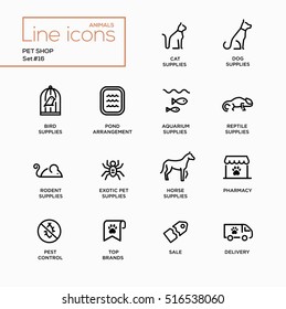 Pet Shop - set of modern vector plain simple thin line design icons and pictograms. Cat, dog, bird, aquarium, reptile, rodent, exotic, horse supplies, pond, pharmacy, brands, pest control delivery