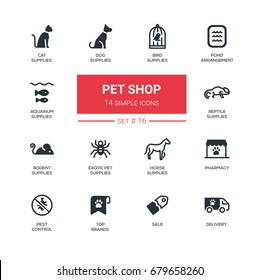 Pet Shop - set of vector icons, pictograms. Cat, dog, bird, aquarium, reptile, rodent, exotic pet, horse supplies, pond arrangement, pharmacy, top brands, pest control, delivery, sale