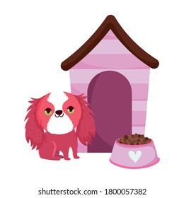 pet shop, shaggy dog with food and house animal domestic cartoon vector illustration