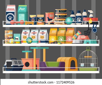 Pet Shop Shelves With Dog And Cat Food, Rubber Bone Toys And Cat Litter, Bird Cage. Veterinary Store Showcase With Animal Comb And Products, Accessories With Price Tags. Animal Nutrition And Retail