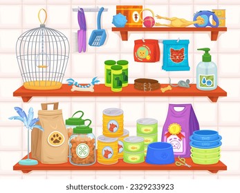 Pet shop shelves. Pets shopping goods and feeding products on shelf of petshop store, shelving animal care accessories or cat dog toys in room interior, vector illustration of animal food, pet shop