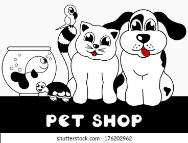 pet shop sign with cartoon animals - dog, cat, bird, fish and turtle 