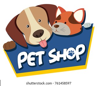 Pet shop sign with cute dog and cat illustration
