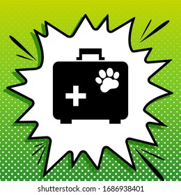 Pet shop sign illustration. Black Icon on white popart Splash at green background with white spots. Illustration.