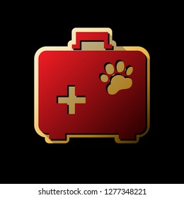 Pet shop sign illustration. Vector. Red icon with small black and limitless shadows at golden sticker on black background.