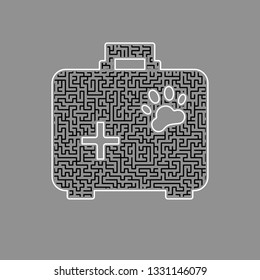 Pet shop sign illustration. Vector. Black maze filled icon with white border at gray background.