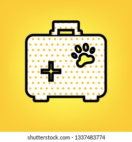 Pet shop sign illustration. Vector. Yellow polka dot white icon with black contour at warm yellow background.