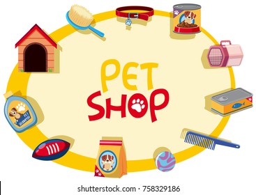 Pet shop sign with many pet accessories illustration