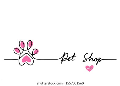 Pet shop signboard with cute paw. Vector  background, banner, signboard. One continuous line drawing contour, outline with lettering Pet Shop.