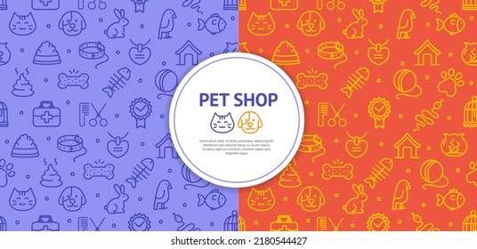 Pet Shop Signs Seamless Pattern Background on a Red and Purple for Web and App. Vector illustration