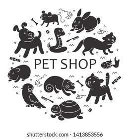 Pet shop silhouette, types of pets in circle template, cartoon illustrations animals in line style. Logo, pictogram, infographic elements