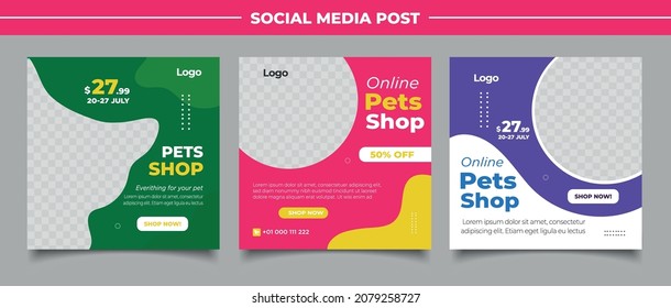 Pet shop social media post template design with photo collage.	