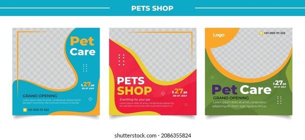 Pet shop social media post template design with photo collage.	