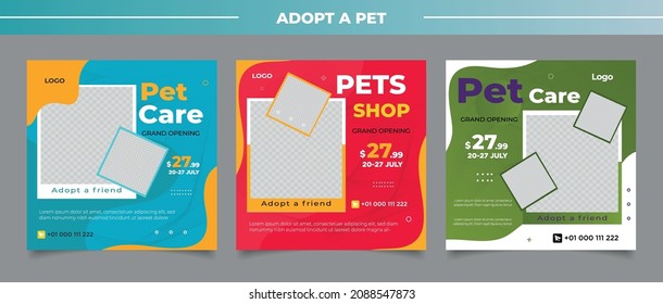 Pet shop social media post template design with photo collage.	