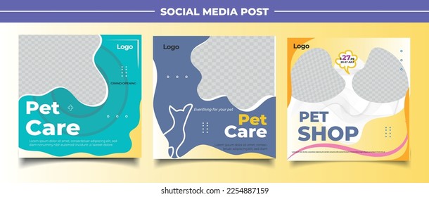 Pet shop social media post template design with photo collage.	