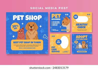 Pet shop social media post template with cute cat and dog vector illustration