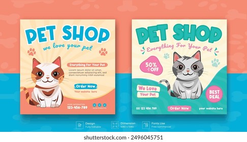 Pet shop social media post template with cute pets and animal . Colorful banner design with happy pet, cats. Vector cartoon illustration for veterinary store