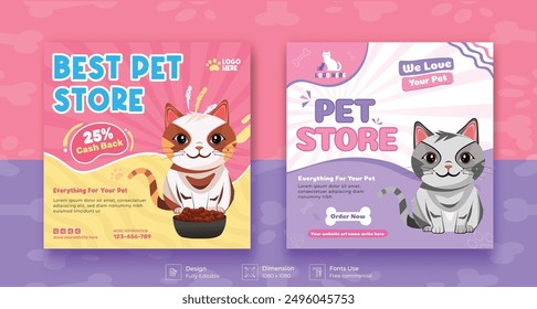 Pet shop social media post template with cute pets and animal . Colorful banner design with happy pet, cats. Vector cartoon illustration for veterinary store