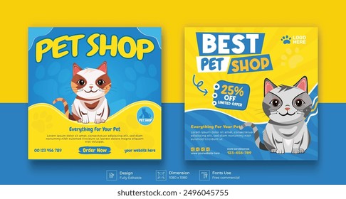 Pet shop social media post template with cute pets and animal . Colorful banner design with happy pet, cats. Vector cartoon illustration for veterinary store