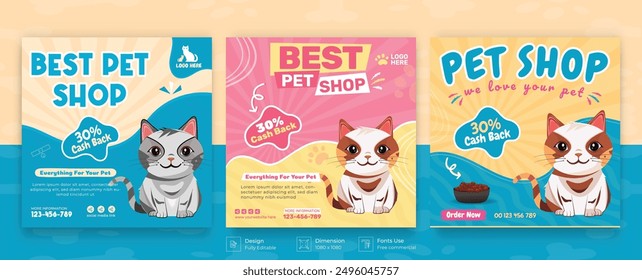 Tienda de mascotas de redes sociales post Plantilla con mascotas y animales lindos . Diseño de Anuncio colorido con mascota feliz, gatos. Ilustración de dibujos animados de Vector para la tienda veterinaria