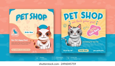 Pet shop social media post template with cute pets and animal . Colorful banner design with happy pet, cats. Vector cartoon illustration for veterinary store