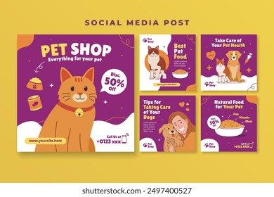 Tienda de mascotas en redes sociales post Plantilla con Ilustración vectorial de gato y perro