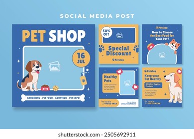 Pet shop social media post with cute dog and cat and empty space for your image