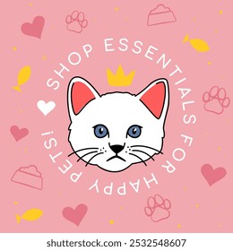 Pet shop social media post showcasing pet essentials with a cute kitten illustration on a pink background