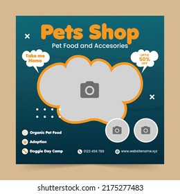 Pet Shop Social Media Promotion Post Banner Design Or Pet Care Services Flyer Template And Sitting, Adoption, Animals Banner With Dark Background