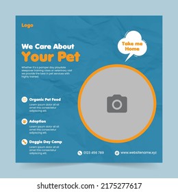 Pet shop social media promotion post banner design or pet care services flyer template and sitting, adoption, animals banner, pet paw print pattern with paper texture