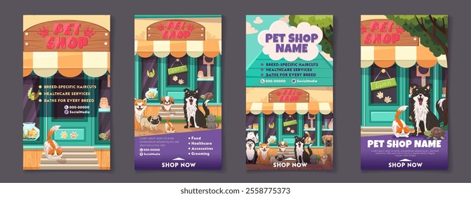 Pet shop square poster templates with cute pets. Dogs and cats of different breeds. Dog grooming, pet adoption, shop banner for your design in social media. Vector cartoon illustration