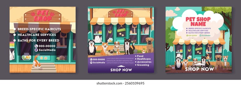 Pet shop square poster templates with cute pets. Dogs and cats of different breeds. Dog grooming, pet adoption, shop banner for your design in social media. Vector cartoon illustration