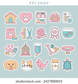 Colección de iconos de etiqueta engomada de tienda de mascotas en lindo estilo de diseño plano