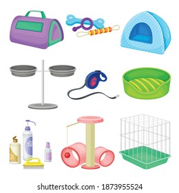 Pet Shop or Store Accessories with Cage and Cat Tree Vector Set