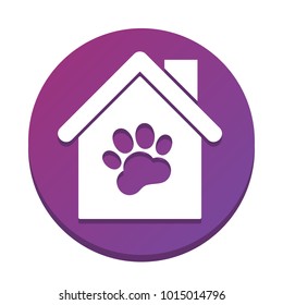 Pet Shop, Store Building Sign Illustration. Vector. White Icon With Flat Shadow On Purpureus Circle At White Background. Isolated.