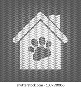 Pet shop, store building sign illustration. Vector. White knitted icon on gray knitted background. Isolated.