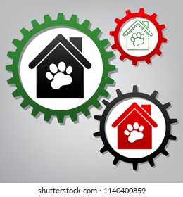 Pet shop, store building sign illustration. Vector. Three connected gears with icons at grayish background.