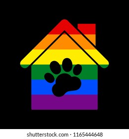 Pet shop, store building sign illustration. Vector. Icon with colors of LGBT flag at black background.