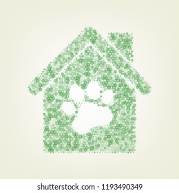 Pet shop, store building sign illustration. Vector. Green hexagon rastered icon and noised opacity and size at light green background with central light.
