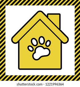 Pet shop, store building sign illustration. Vector. Warm yellow icon with black contour in frame named as under construction at white background. Isolated.