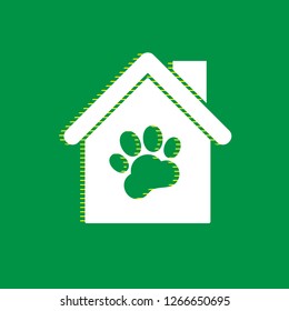 Pet shop, store building sign illustration. Vector. White flat icon with yellow striped shadow at green background.