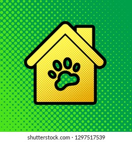 Pet shop, store building sign illustration. Vector. Pop art orange to yellow dots-gradient icon with black contour at greenish background.