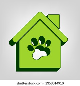 Pet shop, store building sign illustration. Vector. Yellow green solid icon with dark green external body at light colored background.
