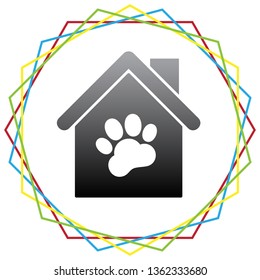 Pet shop, store building sign illustration. Vector. Black icon with patch of light inside colorful hexagonal frames at white background.