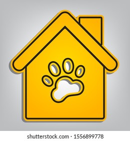 Pet shop, store building sign illustration. Flat orange icon with overlapping linear black icon with gray shadow at whitish background. Illustration.
