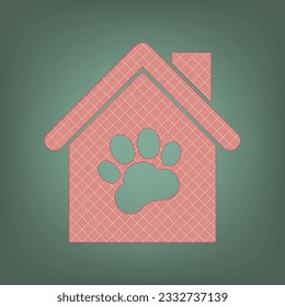 Pet shop, store building sign illustration. Apricot Icon with Brick Red parquet floor graphic pattern on a Ebony background. Feldgrau. Green. Illustration.
