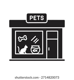 Icono de Vector negro sólido de construcción de tienda de mascotas aislado fondo blanco mercado de suministro de animales fachada de negocios símbolo de diseño minorista ilustración