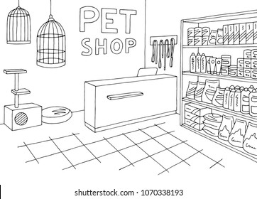 Pet Shop Store Graphic Interior Black White Sketch Illustration Vector