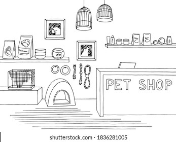 Pet shop store graphic interior black white sketch illustration vector